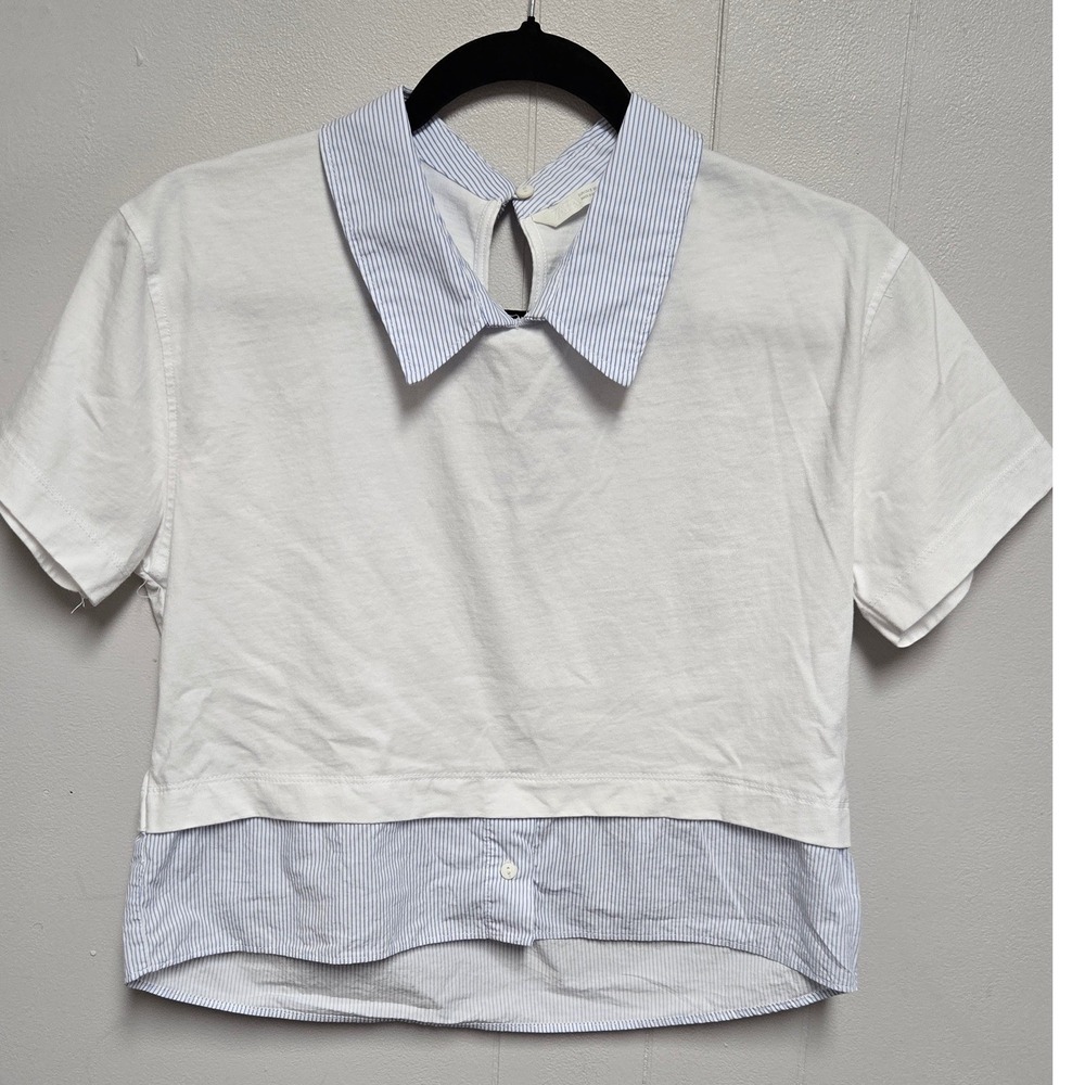 Zara Womens Mixed Media Pinstripe Layered Shirt White Blue Short Sleeve Small